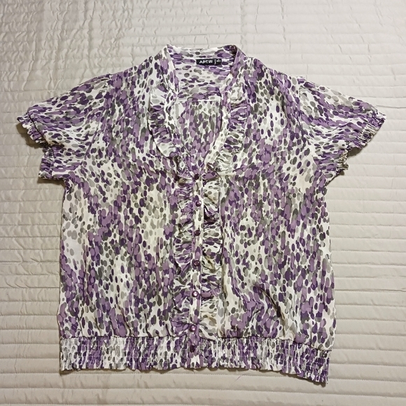 Apt. 9 Womens Sz Large Purple/Gray/White Sheer S/S Ruffle Cinch Waist Blouse Top - Picture 3 of 12